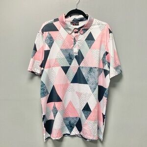 Yatta Golf Mens‎ Large Pink Navy Geometric Triangle Print Performance Polo Shirt